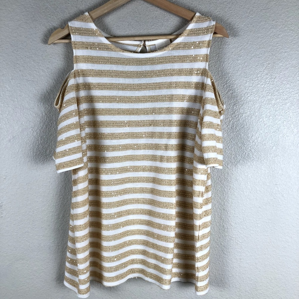 Chicos Stripe Sequins Top Women Large Chicos‎ 2 Tan Cream Bold Glamour Metallic